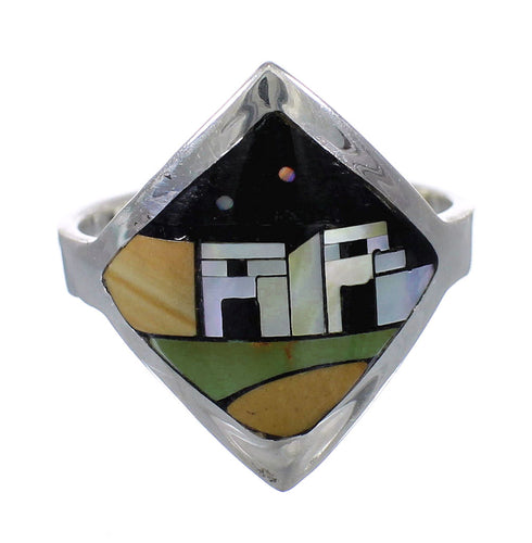 Native American Pueblo Design Southwest Multicolor Inlay And Sterling Silver Ring Size 6-3/4 YX78211